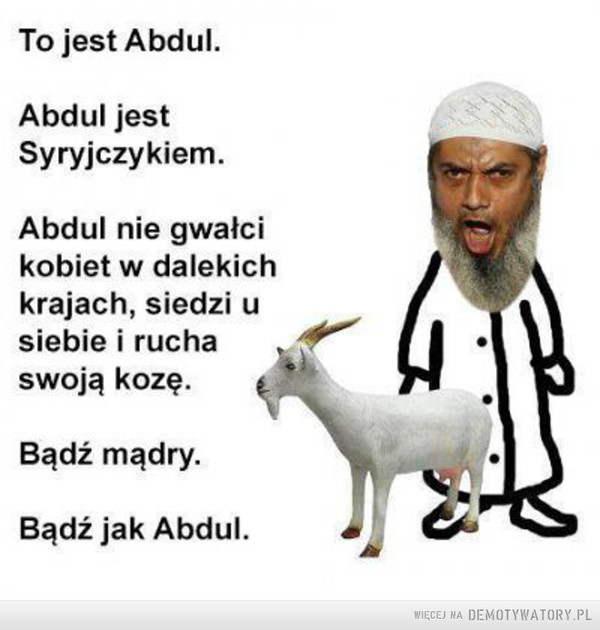 Brawo Abdul! –  To jest Abdul. Abdul jest Syryjczykiem. Abdul nie gwałci kobiet w dalekich krajach, siedzi u siebie i rucha swoją kozę. Bądź mądry. Bądź jak Abdul. 