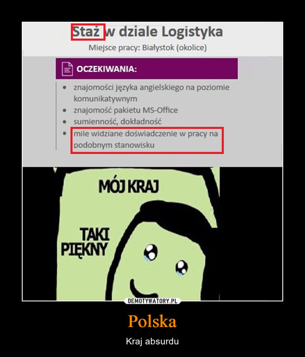 Polska – Kraj absurdu Staż w dziale logistykaMile widziane doświadczenie na podobnym stanowisku