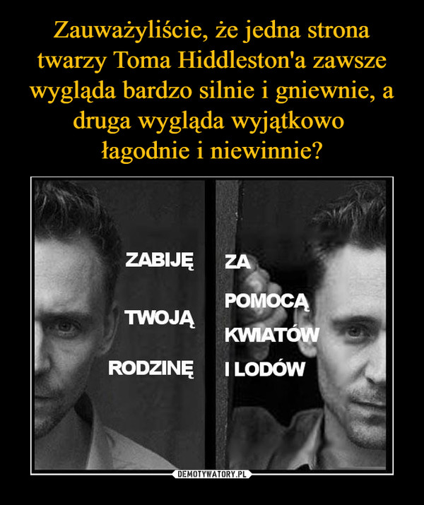 Zauważyliście, że jedna strona twarzy Toma Hiddleston'a zawsze wygląda bardzo silnie i gniewnie, a druga wygląda wyjątkowo 
łagodnie i niewinnie?