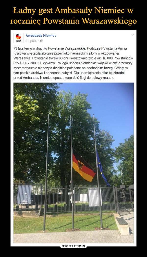Ładny gest Ambasady Niemiec w rocznicę Powstania Warszawskiego