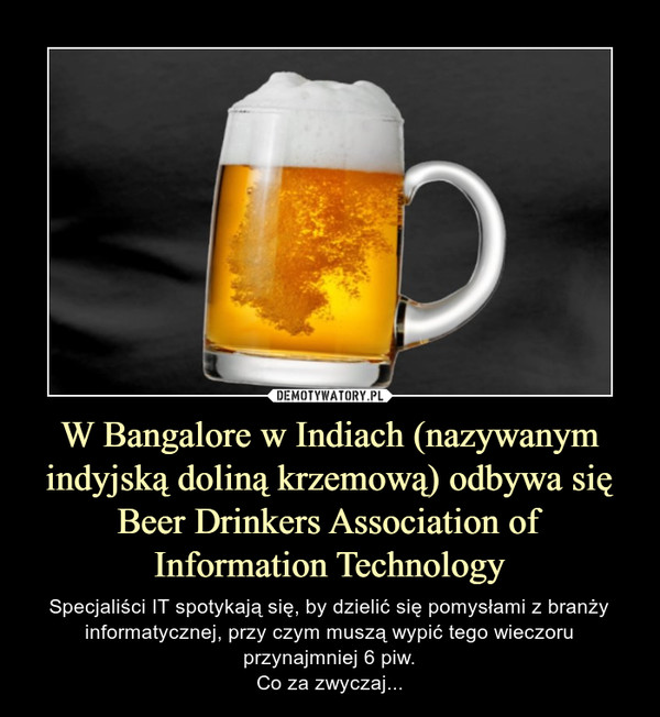 W Bangalore w Indiach (nazywanym indyjską doliną krzemową) odbywa się Beer Drinkers Association of Information Technology – Specjaliści IT spotykają się, by dzielić się pomysłami z branży informatycznej, przy czym muszą wypić tego wieczoru przynajmniej 6 piw.Co za zwyczaj... 