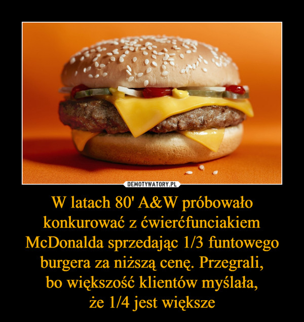 W latach 80' A&W próbowało konkurować z ćwierćfunciakiem McDonalda sprzedając 1/3 funtowego burgera za niższą cenę. Przegrali, bo większość klientów myślała, że 1/4 jest większe –  