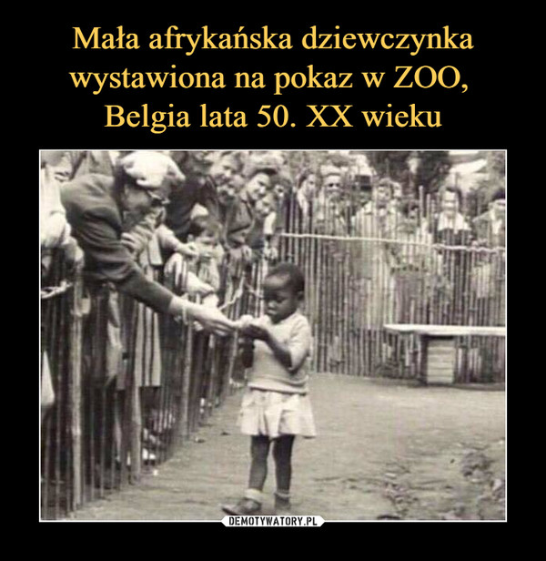 Mała afrykańska dziewczynka wystawiona na pokaz w ZOO, 
Belgia lata 50. XX wieku