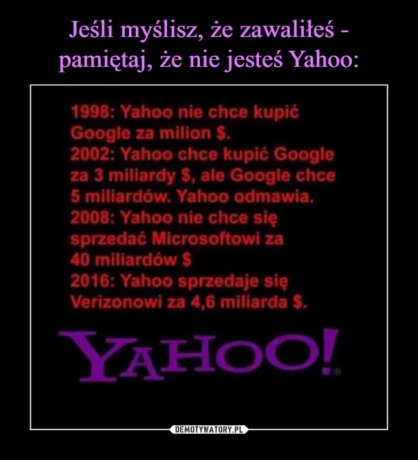  –  1998: Yahoo nie chce kupić Google za milion $. 2001 Yahoo chce kupić Google za 3 miliardy $, ale Google chce 5 miliardów ° Yahoo odmawia. 2008:: Yahoo nie chce się sprzedać Microsoftowi za 40 miliardów $ 2016r: Yahoo sprzedaje się Verizonowi za 4,6 miliarda $