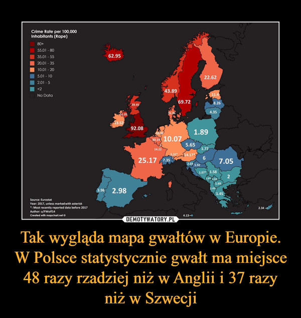 Tak wygląda mapa gwałtów w Europie. W Polsce statystycznie gwałt ma miejsce 48 razy rzadziej niż w Anglii i 37 razy niż w Szwecji –  