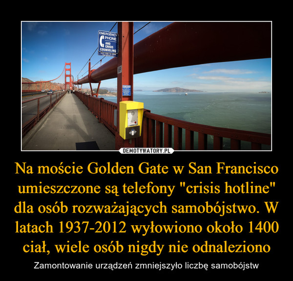 Na moście Golden Gate w San Francisco umieszczone są telefony "crisis hotline" dla osób rozważających samobójstwo. W latach 1937-2012 wyłowiono około 1400 ciał, wiele osób nigdy nie odnaleziono