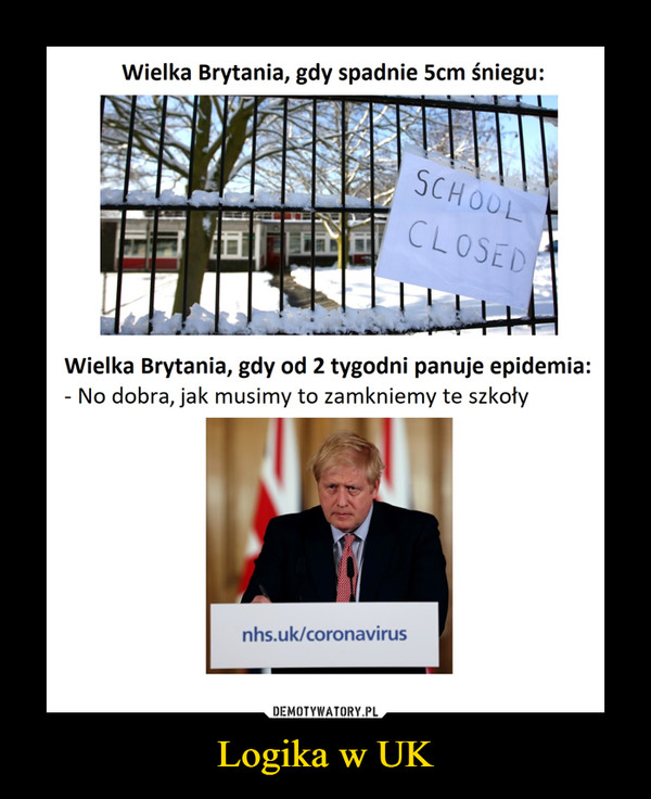 Logika w UK –  Wielka Brytania, gdy spadnie 5cm śniegu:	Wielka Brytania, gdy od 2 tygodni panuje epidemia:	No dobra, jak musimy to zamkniemy te szkoły	nhs.uk/coronavirus