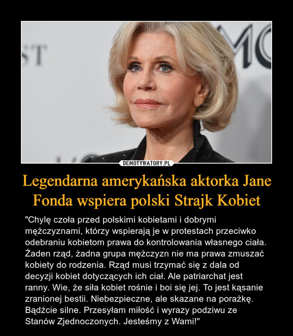Legendarna amerykańska aktorka Jane Fonda wspiera polski Strajk Kobiet