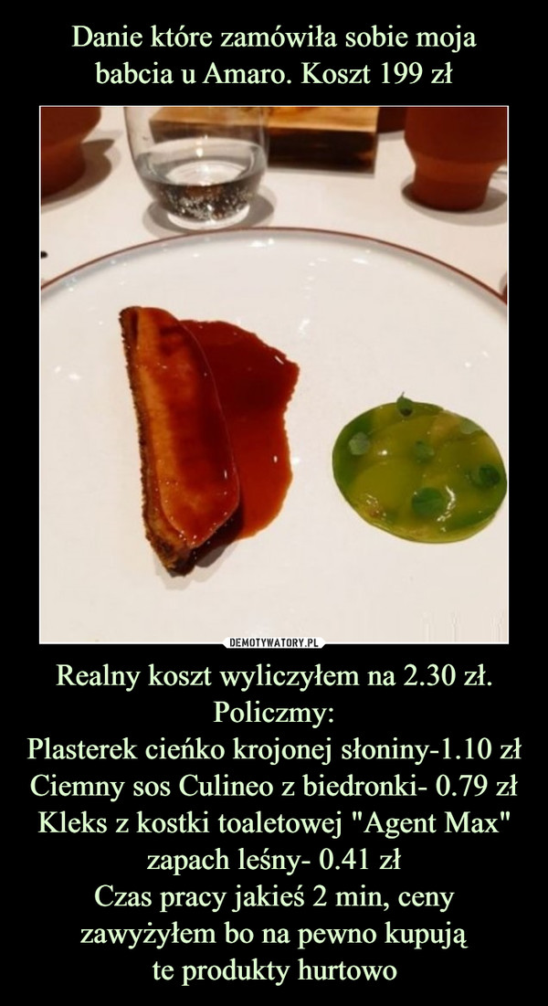 Realny koszt wyliczyłem na 2.30 zł. Policzmy:Plasterek cieńko krojonej słoniny-1.10 złCiemny sos Culineo z biedronki- 0.79 złKleks z kostki toaletowej "Agent Max" zapach leśny- 0.41 złCzas pracy jakieś 2 min, ceny zawyżyłem bo na pewno kupująte produkty hurtowo –  