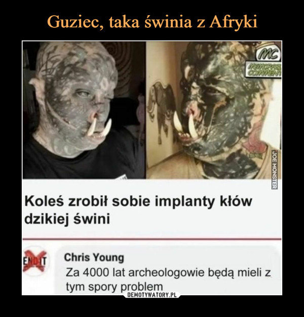  –  Koleś zrobił sobie implanty kłówdzikiej świniChris YoungZa 4000 lat archeologowie będą mieli ztym spory problem