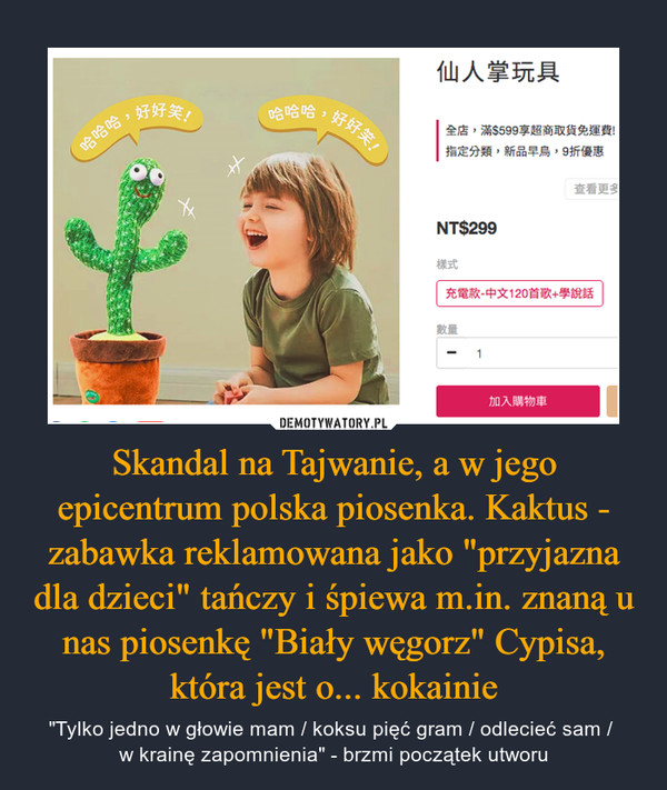 Skandal na Tajwanie, a w jego epicentrum polska piosenka. Kaktus - zabawka reklamowana jako "przyjazna dla dzieci" tańczy i śpiewa m.in. znaną u nas piosenkę "Biały węgorz" Cypisa, która jest o... kokainie