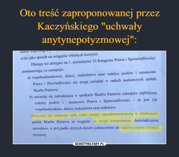 Oto treść zaproponowanej przez Kaczyńskiego "uchwały anytynepotyzmowej":