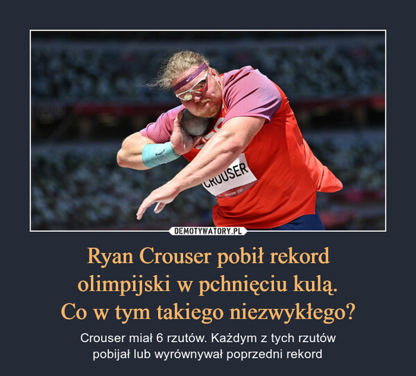 Ryan Crouser pobił rekordolimpijski w pchnięciu kulą.Co w tym takiego niezwykłego? – Crouser miał 6 rzutów. Każdym z tych rzutówpobijał lub wyrównywał poprzedni rekord 