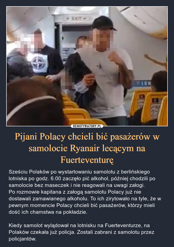 Pijani Polacy chcieli bić pasażerów w samolocie Ryanair lecącym na Fuerteventurę