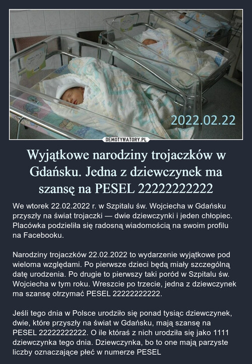 Wyjątkowe narodziny trojaczków w Gdańsku. Jedna z dziewczynek ma szansę na PESEL 22222222222