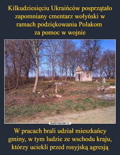 Kilkudziesięciu Ukraińców posprzątało zapomniany cmentarz wołyński w ramach podziękowania Polakom 
za pomoc w wojnie W pracach brali udział mieszkańcy gminy, w tym ludzie ze wschodu kraju, którzy uciekli przed rosyjską agresją