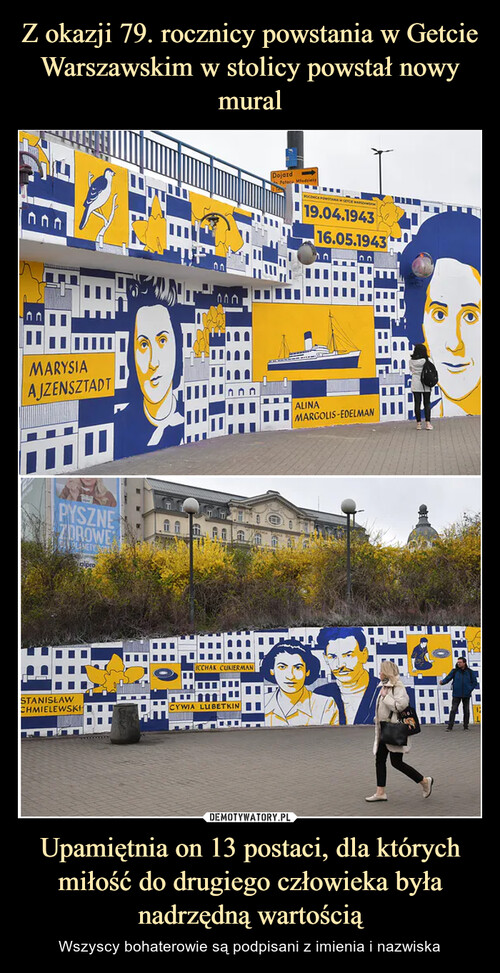 Z okazji 79. rocznicy powstania w Getcie Warszawskim w stolicy powstał nowy mural Upamiętnia on 13 postaci, dla których miłość do drugiego człowieka była nadrzędną wartością
