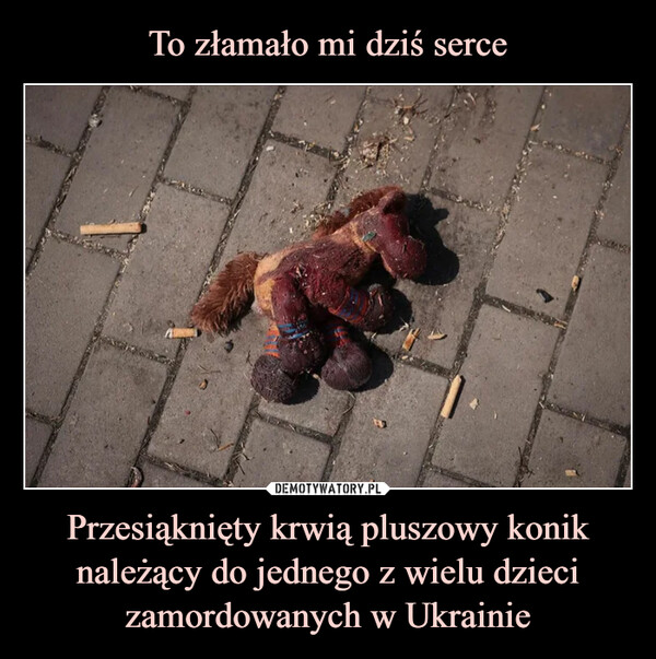 Przesiąknięty krwią pluszowy konik należący do jednego z wielu dzieci zamordowanych w Ukrainie –  