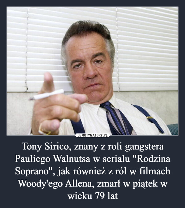 Tony Sirico, znany z roli gangstera Pauliego Walnutsa w serialu "Rodzina Soprano", jak również z ról w filmach Woody'ego Allena, zmarł w piątek w wieku 79 lat
