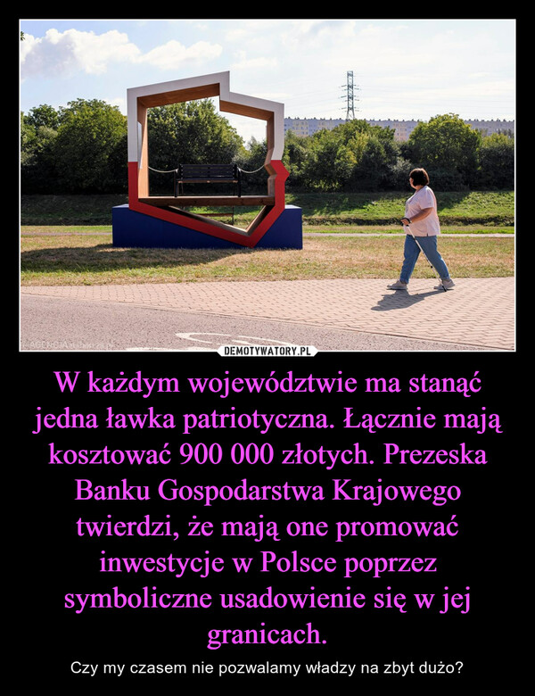 W każdym województwie ma stanąć jedna ławka patriotyczna. Łącznie mają kosztować 900 000 złotych. Prezeska Banku Gospodarstwa Krajowego twierdzi, że mają one promować inwestycje w Polsce poprzez symboliczne usadowienie się w jej granicach.