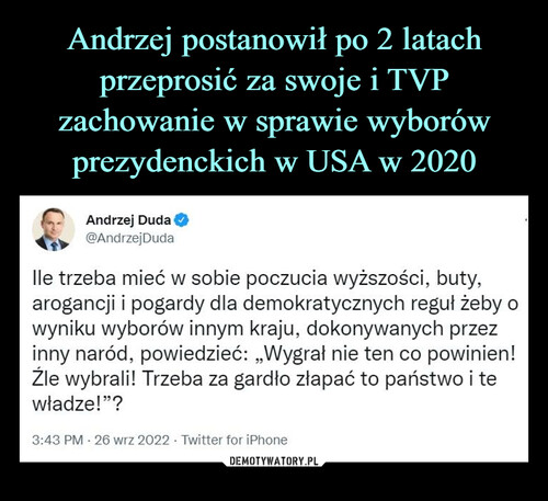 Andrzej postanowił po 2 latach przeprosić za swoje i TVP zachowanie w sprawie wyborów prezydenckich w USA w 2020