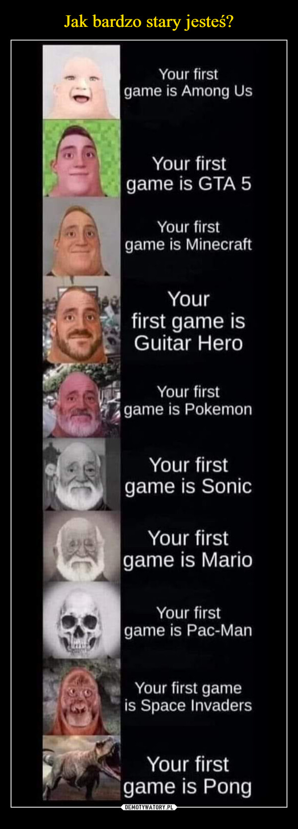  –  Your firstgame is Among UsYour firstgame is GTA 5Your firstgame is MinecraftYourfirst game isGuitar HeroYour firstgame is PokemonYour firstgame is SonicYour firstgame is MarioYour firstgame is Pac-ManYour first gameis Space InvadersYour firstgame is Pong